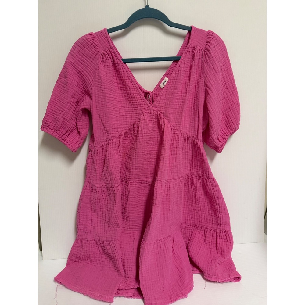 Aerie Pink Gauze Tiered Mini Dress V-Neck Puff Sleeve Tie Back Medium